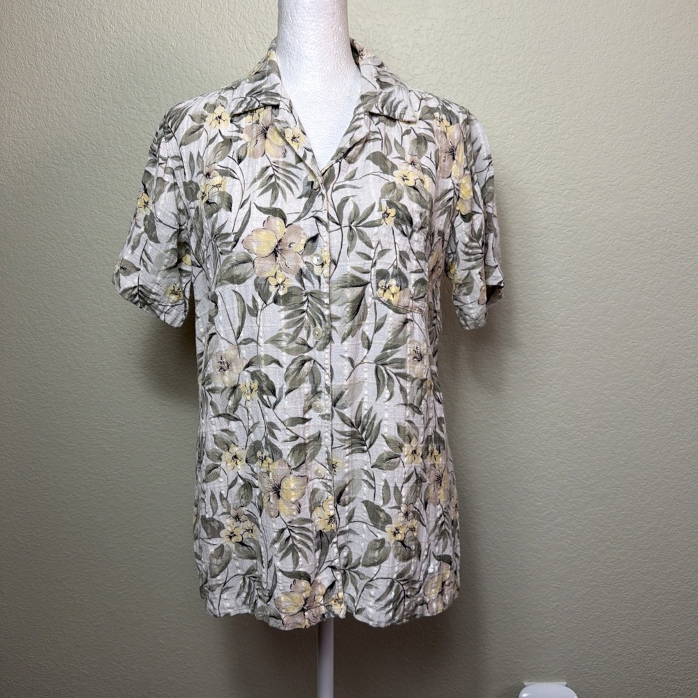 Casey Max Blouse Women Small Short Sleeve Aloha Palm Leaf Summer Camp Resort Vtg